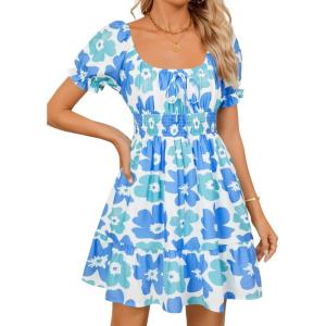 imageZESICA Womens 2025 Summer Puff Short Sleeve Plaid Mini Dress Boho Square Neck Ruffle A Line Swing Short DressesBlue