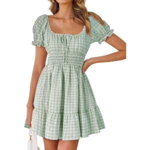 imageZESICA Womens 2025 Summer Puff Short Sleeve Plaid Mini Dress Boho Square Neck Ruffle A Line Swing Short DressesGreen