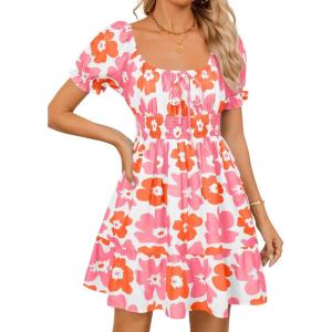 imageZESICA Womens 2025 Summer Puff Short Sleeve Plaid Mini Dress Boho Square Neck Ruffle A Line Swing Short DressesOrange