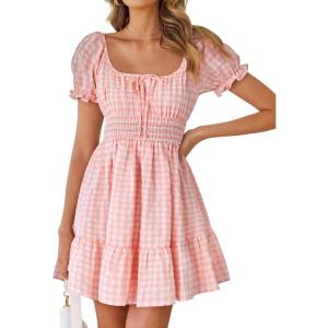 imageZESICA Womens 2025 Summer Puff Short Sleeve Plaid Mini Dress Boho Square Neck Ruffle A Line Swing Short DressesPink