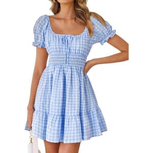 imageZESICA Womens 2025 Summer Puff Short Sleeve Plaid Mini Dress Boho Square Neck Ruffle A Line Swing Short DressesSky
