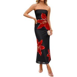 imageZESICA Womens Boho Floral Strapless Midi Dress 2025 Summer Off Shoulder Bodycon Beach Party Long DressesBlack
