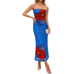 imageZESICA Womens Boho Floral Strapless Midi Dress 2025 Summer Off Shoulder Bodycon Beach Party Long DressesBlue