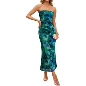 imageZESICA Womens Boho Floral Strapless Midi Dress 2025 Summer Off Shoulder Bodycon Beach Party Long DressesGreen