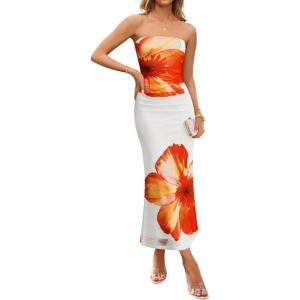imageZESICA Womens Boho Floral Strapless Midi Dress 2025 Summer Off Shoulder Bodycon Beach Party Long DressesOrange