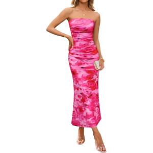 imageZESICA Womens Boho Floral Strapless Midi Dress 2025 Summer Off Shoulder Bodycon Beach Party Long DressesPink
