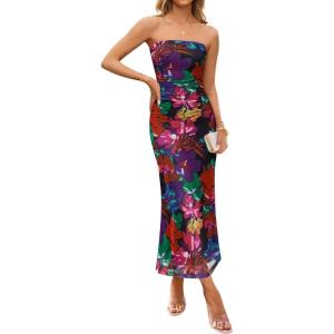 imageZESICA Womens Boho Floral Strapless Midi Dress 2025 Summer Off Shoulder Bodycon Beach Party Long DressesPurple