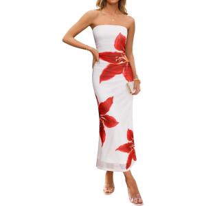 imageZESICA Womens Boho Floral Strapless Midi Dress 2025 Summer Off Shoulder Bodycon Beach Party Long DressesWhite