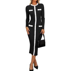 imageZESICA Womens Ribbed Crewneck Sweater Dress 2024 Fall Winter Long Sleeve Button Color Block Knit Midi DressesBlack