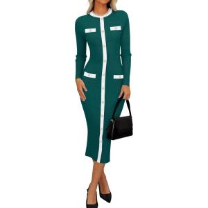 imageZESICA Womens Ribbed Crewneck Sweater Dress 2024 Fall Winter Long Sleeve Button Color Block Knit Midi DressesGreen