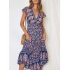 imageZESICA Womens 2025 Bohemian Floral Printed Wrap V Neck Short Sleeve Split Beach Party Maxi DressNavy Blue