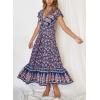 imageZESICA Womens 2025 Bohemian Floral Printed Wrap V Neck Short Sleeve Split Beach Party Maxi DressNavy Blue
