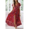 imageZESICA Womens 2025 Bohemian Floral Printed Wrap V Neck Short Sleeve Split Beach Party Maxi DressRed