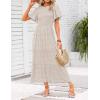 imageZESICA Womens 2025 Summer Casual Floral Print Short Flutter Sleeve Crew Neck Smocked High Waist Flowy Maxi DressBeige