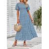 imageZESICA Womens 2025 Summer Casual Floral Print Short Flutter Sleeve Crew Neck Smocked High Waist Flowy Maxi DressBlue