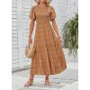 imageZESICA Womens 2025 Summer Casual Floral Print Short Flutter Sleeve Crew Neck Smocked High Waist Flowy Maxi DressBrown