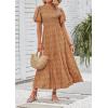 imageZESICA Womens 2025 Summer Casual Floral Print Short Flutter Sleeve Crew Neck Smocked High Waist Flowy Maxi DressBrown