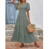 imageZESICA Womens 2025 Summer Casual Floral Print Short Flutter Sleeve Crew Neck Smocked High Waist Flowy Maxi DressDarkgreen