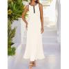 imageZESICA Womens 2025 Summer Long Maxi Dress Sleeveless Crew Neck Hollow Out Pleated Ribbed Knit Swing Tank DressesApricot