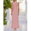 imageZESICA Womens 2025 Summer Long Maxi Dress Sleeveless Crew Neck Hollow Out Pleated Ribbed Knit Swing Tank DressesPink