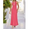 imageZESICA Womens 2025 Summer Long Maxi Dress Sleeveless Crew Neck Hollow Out Pleated Ribbed Knit Swing Tank DressesWatermelonred