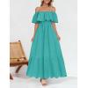 imageZESICA Womens 2025 Summer Off Shoulder Ruffle Midi Dress Short Sleeve High Waist Hollow Out Embroidery Party DressesAqua