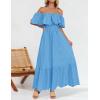 imageZESICA Womens 2025 Summer Off Shoulder Ruffle Midi Dress Short Sleeve High Waist Hollow Out Embroidery Party DressesBlue