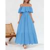 imageZESICA Womens 2025 Summer Off Shoulder Ruffle Midi Dress Short Sleeve High Waist Hollow Out Embroidery Party DressesBlue