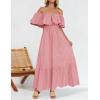 imageZESICA Womens 2025 Summer Off Shoulder Ruffle Midi Dress Short Sleeve High Waist Hollow Out Embroidery Party DressesLight Pink