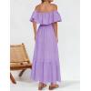imageZESICA Womens 2025 Summer Off Shoulder Ruffle Midi Dress Short Sleeve High Waist Hollow Out Embroidery Party DressesLight Purple