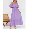 imageZESICA Womens 2025 Summer Off Shoulder Ruffle Midi Dress Short Sleeve High Waist Hollow Out Embroidery Party DressesLight Purple
