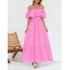 imageZESICA Womens 2025 Summer Off Shoulder Ruffle Midi Dress Short Sleeve High Waist Hollow Out Embroidery Party DressesPink