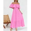 imageZESICA Womens 2025 Summer Off Shoulder Ruffle Midi Dress Short Sleeve High Waist Hollow Out Embroidery Party DressesPink