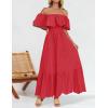 imageZESICA Womens 2025 Summer Off Shoulder Ruffle Midi Dress Short Sleeve High Waist Hollow Out Embroidery Party DressesWatermelon