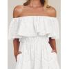 imageZESICA Womens 2025 Summer Off Shoulder Ruffle Midi Dress Short Sleeve High Waist Hollow Out Embroidery Party DressesWhite