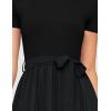 imageZESICA Womens 2025 Summer Short Sleeve Midi Dresses Casual Crew Neck Knit Belted Pleated A Line Flowy Wedding Guest DressBlack