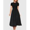 imageZESICA Womens 2025 Summer Short Sleeve Midi Dresses Casual Crew Neck Knit Belted Pleated A Line Flowy Wedding Guest DressBlack