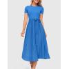 imageZESICA Womens 2025 Summer Short Sleeve Midi Dresses Casual Crew Neck Knit Belted Pleated A Line Flowy Wedding Guest DressCobalt Blue