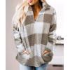 imageZESICA Womens Plaid Long Sleeve Zipper Sherpa Fleece Sweatshirt Pullover Jacket Coat with PocketsKhaki