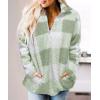 imageZESICA Womens Plaid Long Sleeve Zipper Sherpa Fleece Sweatshirt Pullover Jacket Coat with PocketsLightgreen