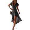 imageZESICA Womens 2025 Bohemian Floral Printed Wrap V Neck Short Sleeve Split Beach Party Maxi DressCharcoal Blackfloral