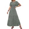 imageZESICA Womens 2025 Summer Casual Floral Print Short Flutter Sleeve Crew Neck Smocked High Waist Flowy Maxi DressDarkgreen