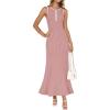 imageZESICA Womens 2025 Summer Long Maxi Dress Sleeveless Crew Neck Hollow Out Pleated Ribbed Knit Swing Tank DressesPink