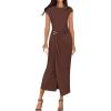 imageZESICA Womens 2025 Summer Mock Neck Casual Bodycon Dress Cap Sleeve Elegant Cocktail Party Long Midi DressesBrown