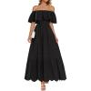 imageZESICA Womens 2025 Summer Off Shoulder Ruffle Midi Dress Short Sleeve High Waist Hollow Out Embroidery Party DressesBlack