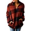 imageZESICA Womens Plaid Long Sleeve Zipper Sherpa Fleece Sweatshirt Pullover Jacket Coat with PocketsOrange Red