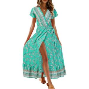 imageZESICA Womens 2025 Bohemian Floral Printed Wrap V Neck Short Sleeve Split Beach Party Maxi DressAqua