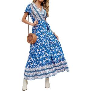 imageZESICA Womens 2025 Bohemian Floral Printed Wrap V Neck Short Sleeve Split Beach Party Maxi DressBlue