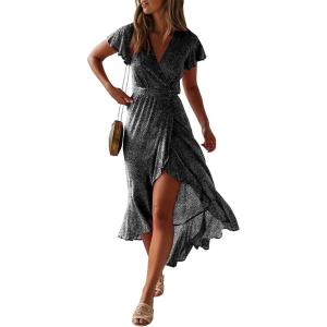 imageZESICA Womens 2025 Bohemian Floral Printed Wrap V Neck Short Sleeve Split Beach Party Maxi DressCharcoal Blackfloral