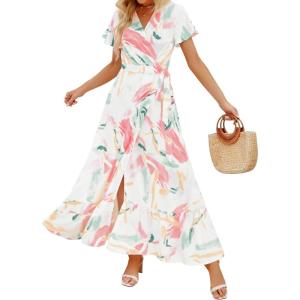 imageZESICA Womens 2025 Bohemian Floral Printed Wrap V Neck Short Sleeve Split Beach Party Maxi DressContrastwhite